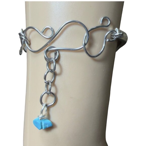 Handcrafted Silver Fork Cuff Bracelet W Stainless Steel Links & Turquoise Charm - Picture 8 of 15